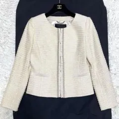 【極美品✨】アンタイトル ツイード ノーカラージャケット ラメ混 アイボリー 2