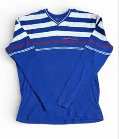 TOMMY JEANS（トミージーンズ）ボーダー Vネックセーター ブルー