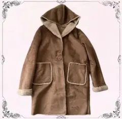 美品　レディース　キャメル　ベージュ　フード付きムートンコート