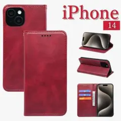 iPhone14ケース 手帳型 スマホケース スタンド機能 カード収納 レッド