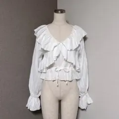 ヘザー フリル コットン ブラウス 長袖 ホワイト