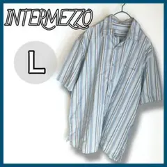 INTERMEZZO 半袖シャツ Lサイズ ストライプ 水色 メンズ 綿100%