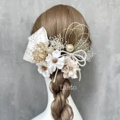 ＷＧ１６　アップルブロッサム　ホワイト＆ゴールド　髪飾り　Ｕピン　和柄リボン