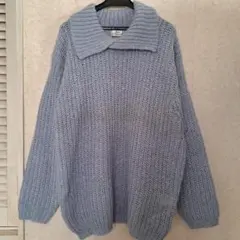 【昭和レトロ】モヘア　タートル　ライトブルー ニット セーター　くすみカラー
