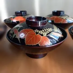 漆器 椀 5個セット 黒と赤の葉模様