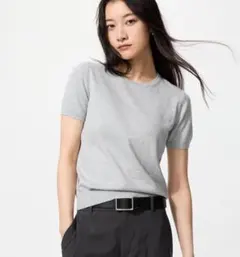 グレー 半袖ニット タイトフィット　カットクルーネックセーター　M