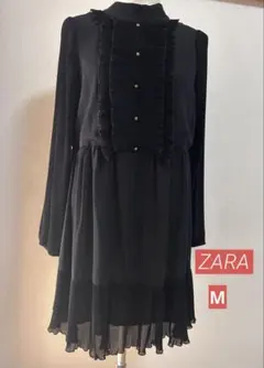 ZARAブラック フリル プリーツ ワンピース ドレス 長袖Mサイズ