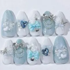 現品セール】【イニシャル付】ネイルチップ♡ブルー 水色 量産型地雷