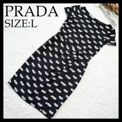 【美品】PRADA　プラダ　リップ柄半袖ワンピース　総柄　サイズ42　ブラックのサムネイル