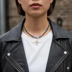 COOL系☆レインボーメタリック➕CZ.クロスTopジュエリーチョーカー男女兼用