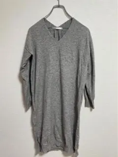ikka イッカ　長袖ニットワンピース　Vネック　無地　グレー　 M