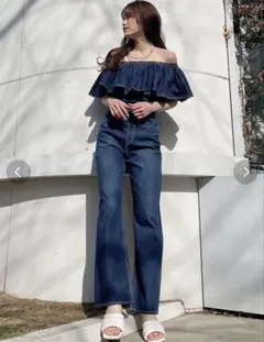 美品！【GYDA】フリルオフショル　デニムロンパース　/インディゴ