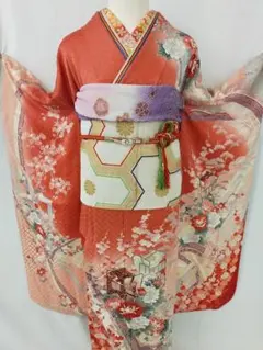 美品　昭和レトロ振袖　7点フルセット 朱赤×御所車×牡丹　王道古典 小柄さん向き