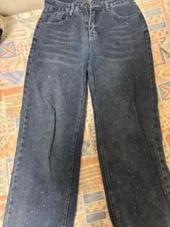 ビーズ装飾 ダークブルー ワイドレッグデニム