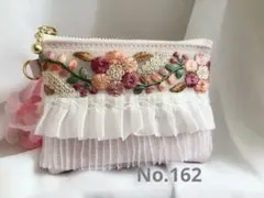 ポーチ　インド刺繍リボン　ピンク　レース　合皮　No.162