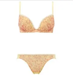 イエローとピンクの花柄のレーストリミングが特徴のD70のブラジャーとショーツM