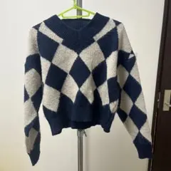 ネイビー アイボリー ダイヤモンドニットセーター