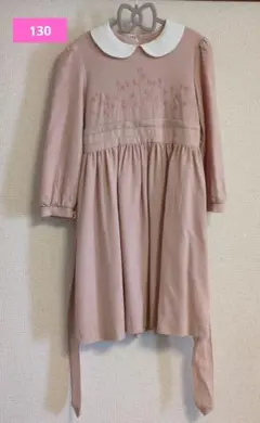 ピンク 花柄刺繍 長袖ワンピース　130