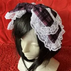 【パープルチェック×ホワイト】リボンカチューシャ【手作り】