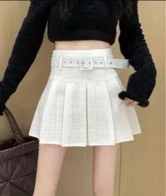ベルト プリーツ ミニスカート ホワイト ラメ
