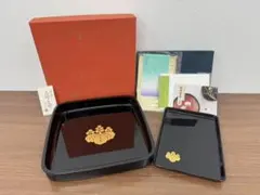 特選越前塗 漆器 手描き定紋 秀仙作 他 うるし 木製 五三桐 本金 2点セット