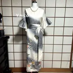 LL 着物リメイク 正絹綸子 叩き染め訪問着フリル袖ゆったりワンピース