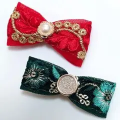 インド刺繍　ヘアクリップ　2点セット　赤・緑
