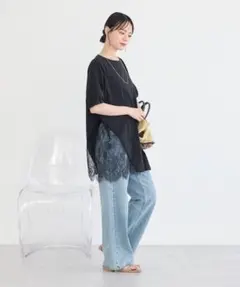 アースミュージックアンドエコロジー　アシメレースビッグTシャツ
