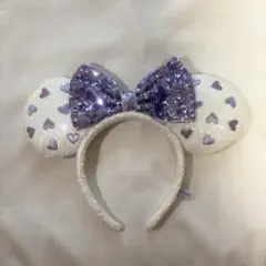 ハート柄 白 ラメリボン ミニーちゃんカチューシャ (ディズニーランド・シー)