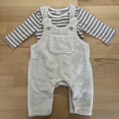 petit main ストライプロンパースとオーバーオールセット