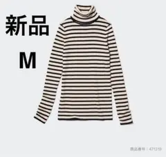 新品　UNIQLO ユニクロ　メリノリブタートルネックセーター　ボーダー　M