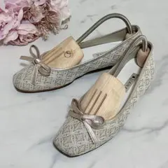 良品 ダイアナフラットシューズ ラメ レース花柄 スクエアトゥ くすみカラー