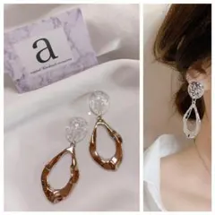 2128-2 シルバー☺︎箔とクリアの雫とメタルフープのピアス☺︎