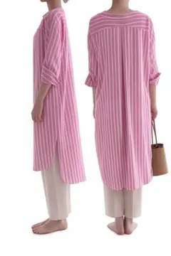 美品✨omekashi ピンク ストライプ ロングシャツワンピースのサムネイル