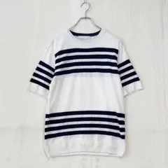 トゥモローランド【S】白×紺 パネルボーダー コットンニットTシャツ 半袖 春夏のサムネイル