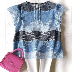 美品 イエナ フレンチスリーブ カラーブロックレースブラウス 花柄 ブルー