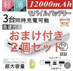 【最新型 J32】モバイルバッテリー 12000mAh おまけケーブル付き２個
