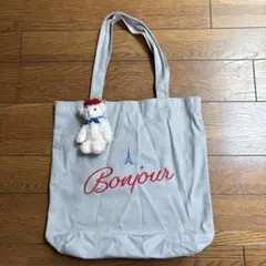 タリーズコーヒー チャーム付きエッフェル塔刺繍グレーキャンバストートバッグ