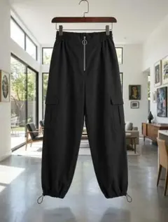 アルシーヴ フロントZIP カーゴパンツ 黒 M ハイウエスト 裾ドロスト