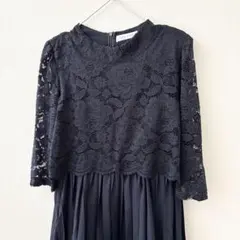 レースレディース　花柄レース プリーツ ロングワンピースドレス ネイビー　L