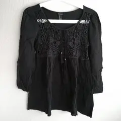 FOREVER 21 レース切替 七分袖ブラウス ブラック S