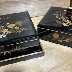 漆芸 草花 黒塗 二客 四方膳 螺鈿細工 盆 木製漆器 漆芸 草花 黒塗 二客 四方膳 螺鈿細工 盆 木製漆器 - メルカリ