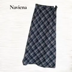 ナヴィエナ/ロングフレアスカート/Ｍ/チェック柄/ウール/ブルー系/上品