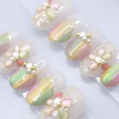 1154 ネイルチップSサイズ 韓国 パステル 立体フラワー 上品 マグネット