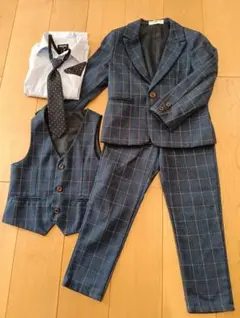 フォーマル5点セット 130cm　ブルー　チェック　3ピース