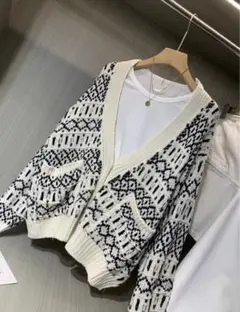 ZARA ザラ ニットカーディガン 総柄 白黒 ゆったり おしゃれ