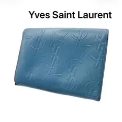 Yves Saint Laurent 二つ折り財布 ブルー系 ロゴ型押し 高級のサムネイル
