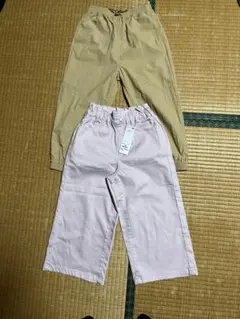 キッズ パンツ 2点セット 120cm ベージュ ピンク 長ズボン ワイドパンツ
