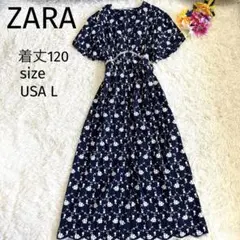 【着丈120✨XL相当✨】ZARA 花柄刺繍　マキシ丈ワンピース　ネイビー