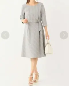 anySIS 膝丈ワンピース ベルト付き ライトグレー チェック 七分袖